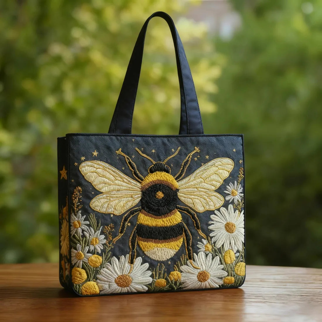 Handmade artisanal bag with bee, daisies and stars design