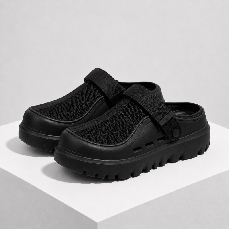 Breathable mesh slip-on sandals with adjustable hook-and-loop back strap
