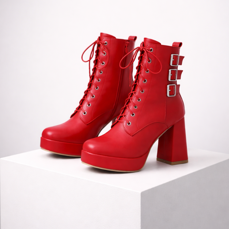 Elvira chunky heel lace-up boots in eco leather with buckle detail and side zipper