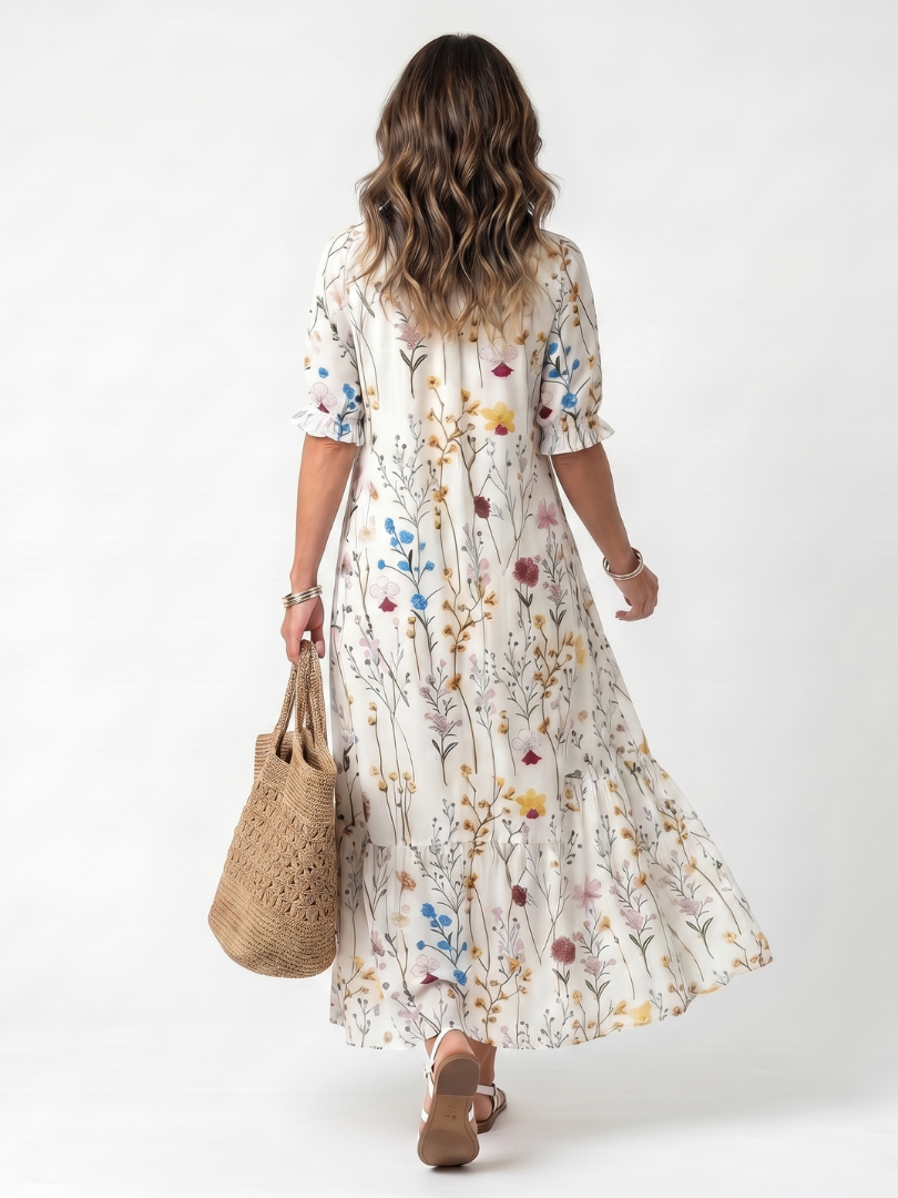 Sylvie white botanical print midi dress with tassel tie and relaxed silhouette