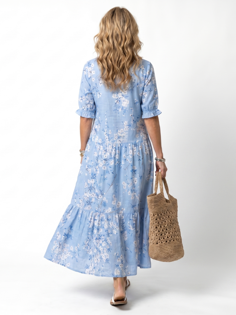 Alora floral print midi dress with tassel tie and relaxed silhouette