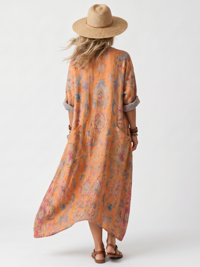 Romy orange printed oversized midi dress with notch neck and roomy pockets