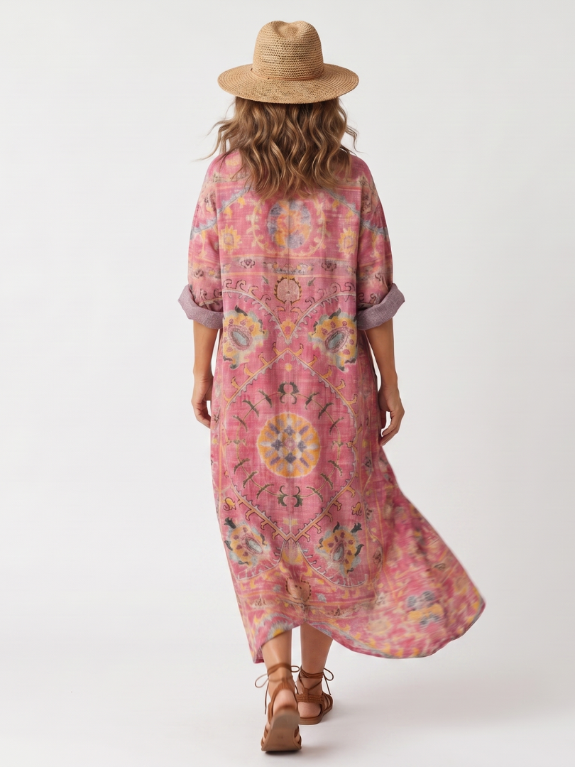 Pink abstract print relaxed midi dress with oversized pockets