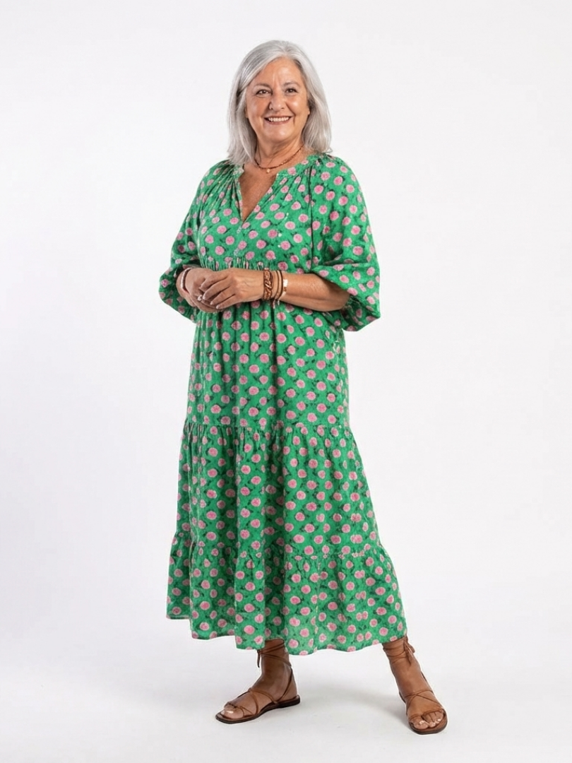 Fiora dark green floral print v-neck tiered midi dress with a relaxed fit