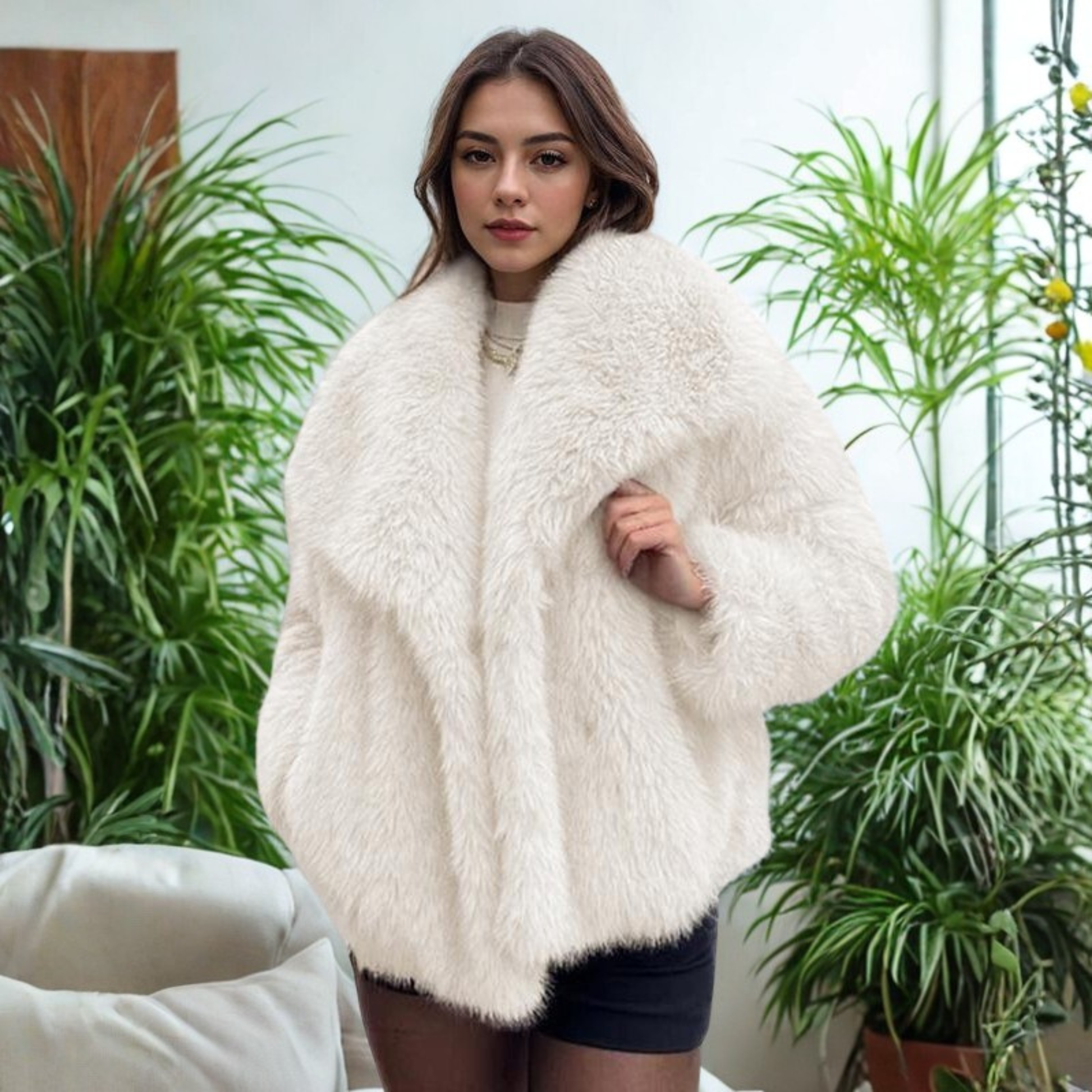Corrine fuzzy collar coat shown in a tailored cut, available in multiple colours