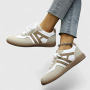 Khaki and white comfortable lace-up sneakers for everyday casual wear