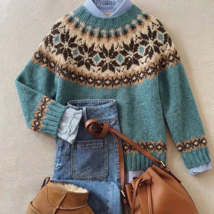 Vellaro chic vintage-inspired knit sweater in blue, styled as an easy everyday layer
