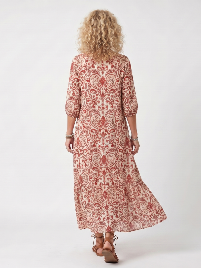 Noelle relaxed-fit red ornate print midi dress with tassel tie and pockets
