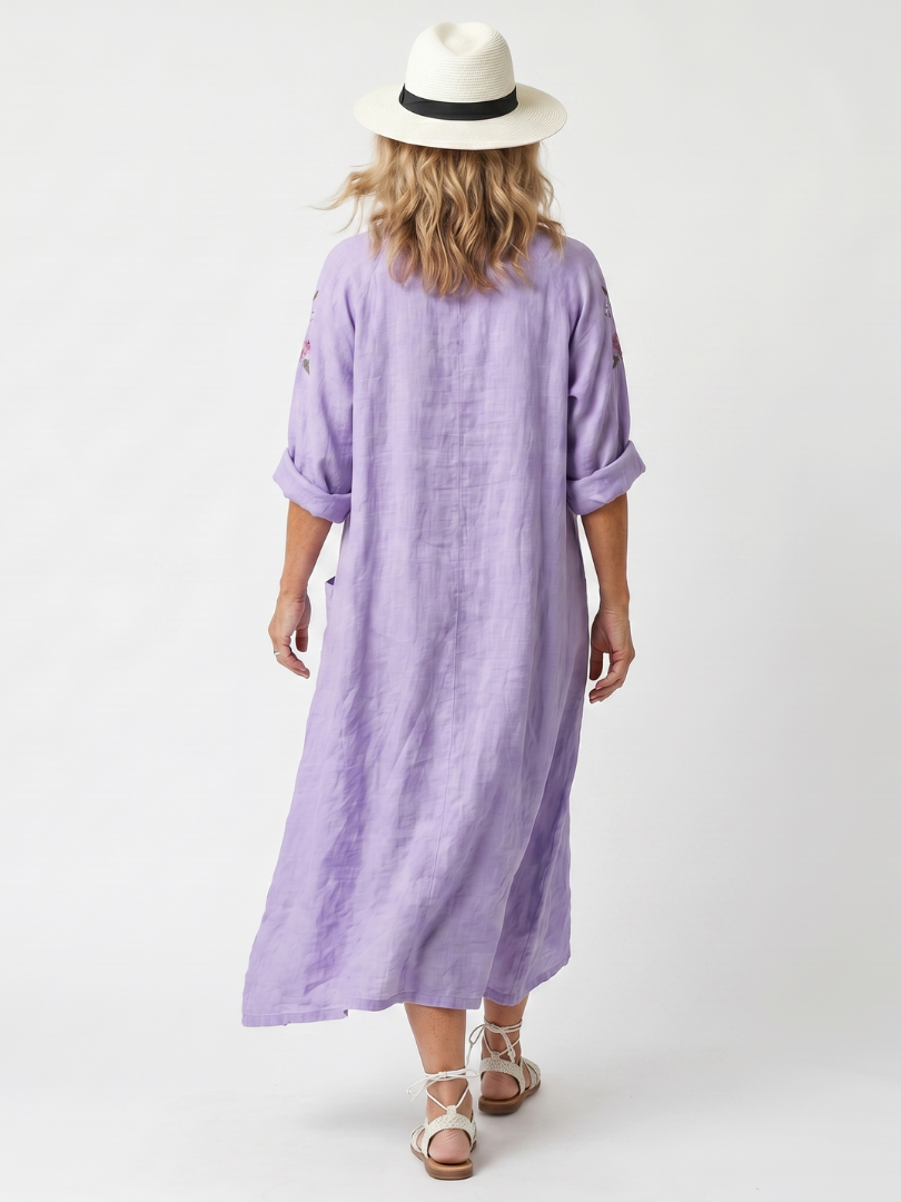 Purple floral embroidered oversized midi dress with pockets and a relaxed silhouette