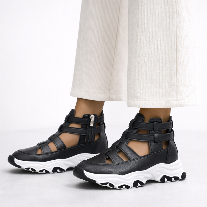 Jade sneaker-inspired closed-toe platform sandals with cushioned sole and zip closure