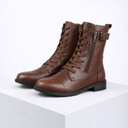 Eco-leather lace-up boots with buckle detail, side zip and a low heel