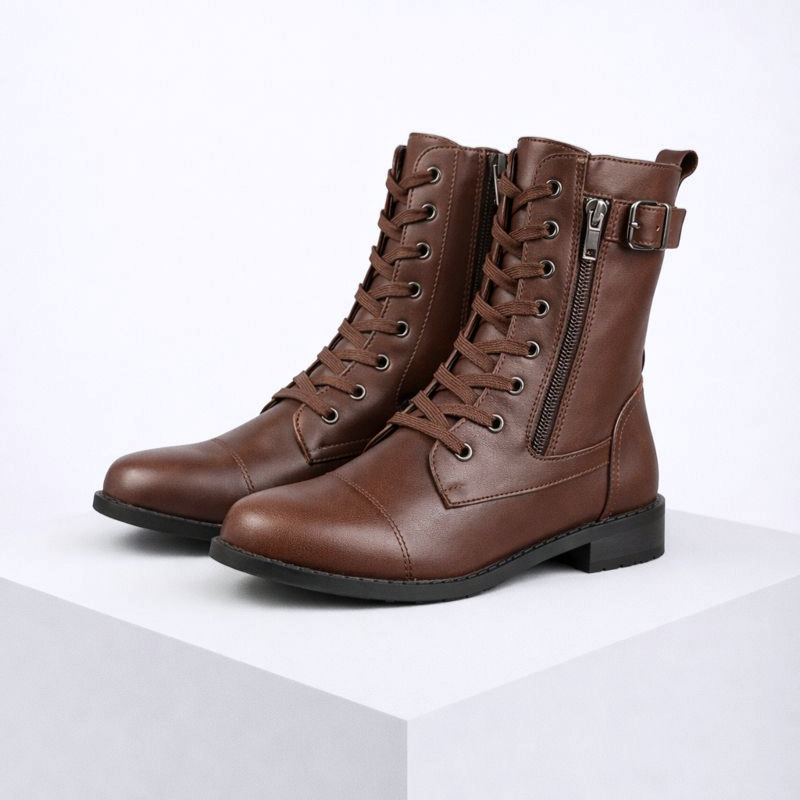 Eco-leather lace-up boots with buckle detail, side zip and a low heel