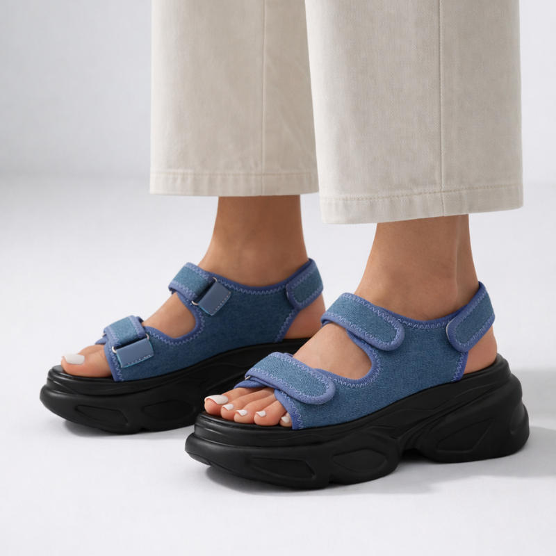 Chunky platform sandals with open toe and adjustable velcro straps in leopard, black and blue