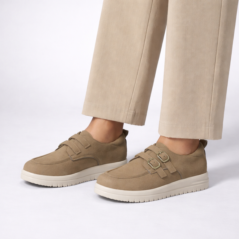Slip-on platform loafers with double buckle details in camel, beige and blue