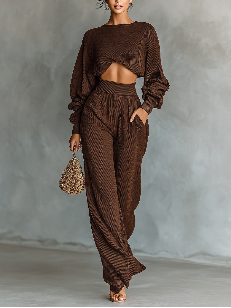 Una coffee-coloured short top and wide-leg trouser matching co-ord set