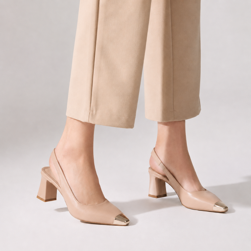 Square toe slingback heels with flared heel and elasticated back strap in white, beige and black