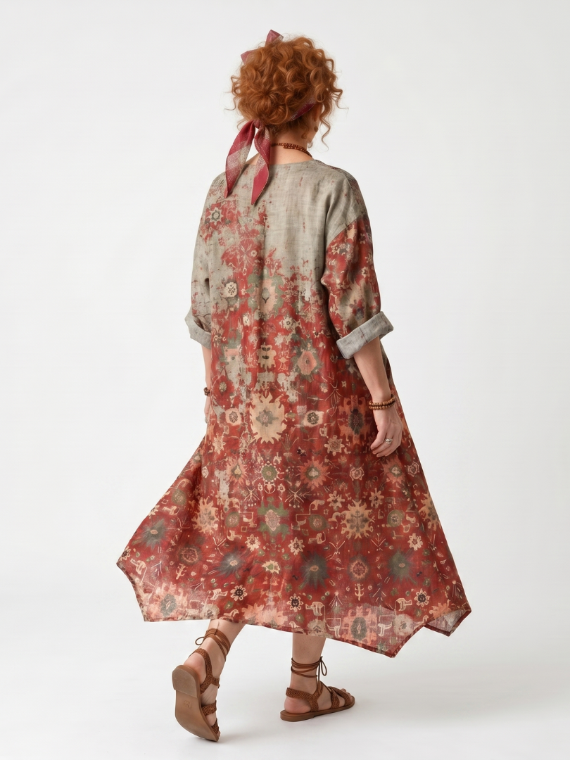 Marigolde relaxed midi dress in a multicolour mixed pattern with oversized pockets