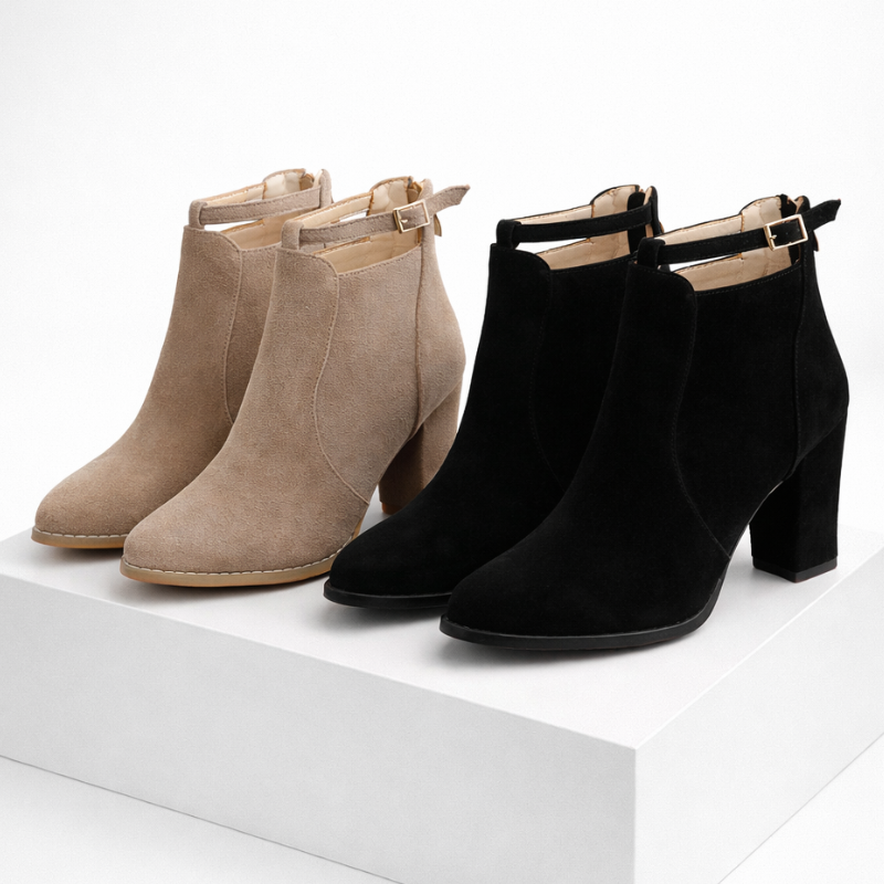 Vikky suede block heels with ankle strap and gold-tone buckle in beige and black