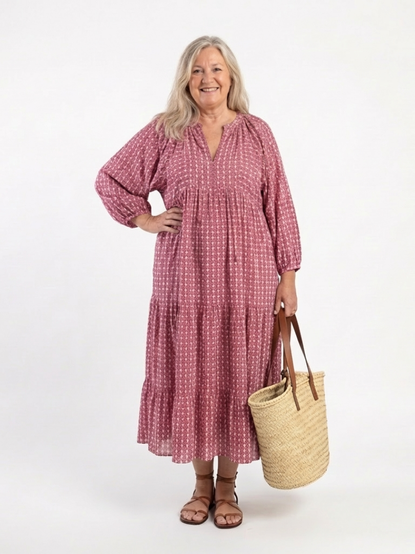 Arlette relaxed-fit geometric print long sleeve midi dress with pockets