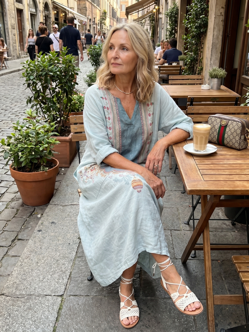 Sky blue Kassiani oversized midi dress with ornate embroidered panels and pockets