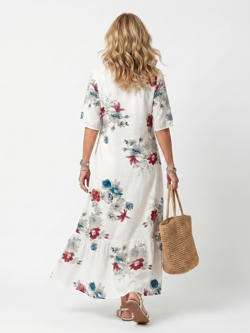 Maeva white scattered floral tassel tie midi dress with a relaxed silhouette and pockets
