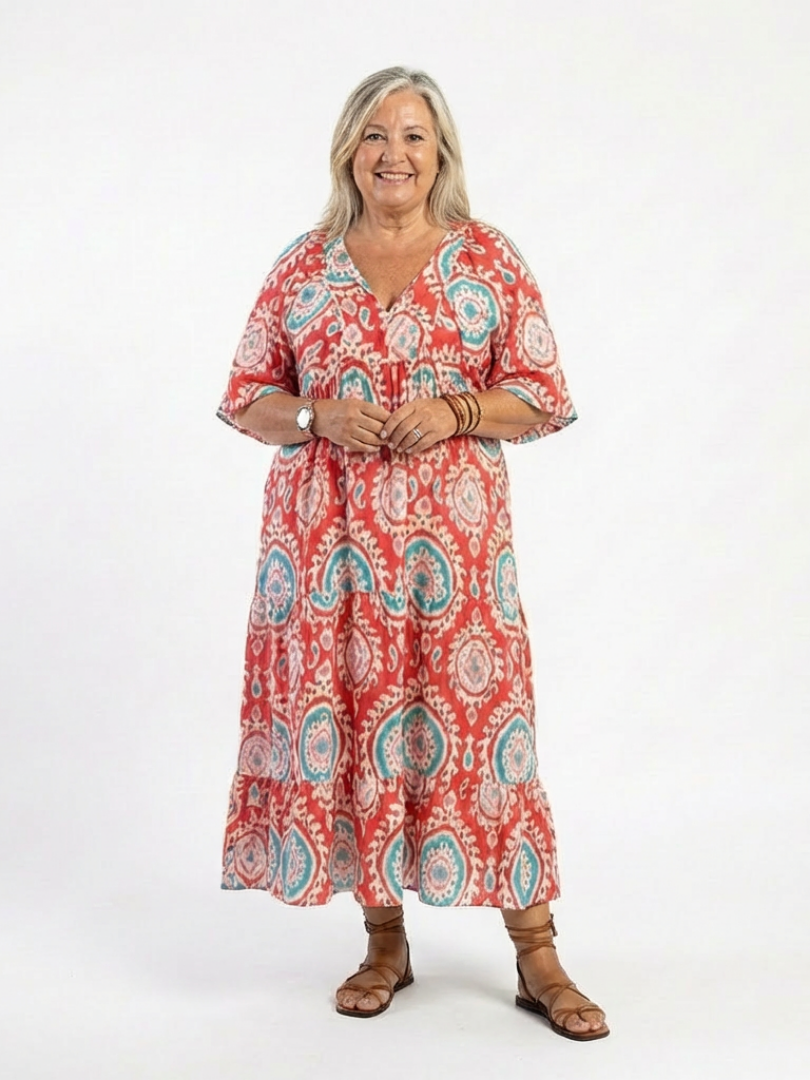 Zaria red paisley print V-neck short sleeve midi dress with a relaxed silhouette