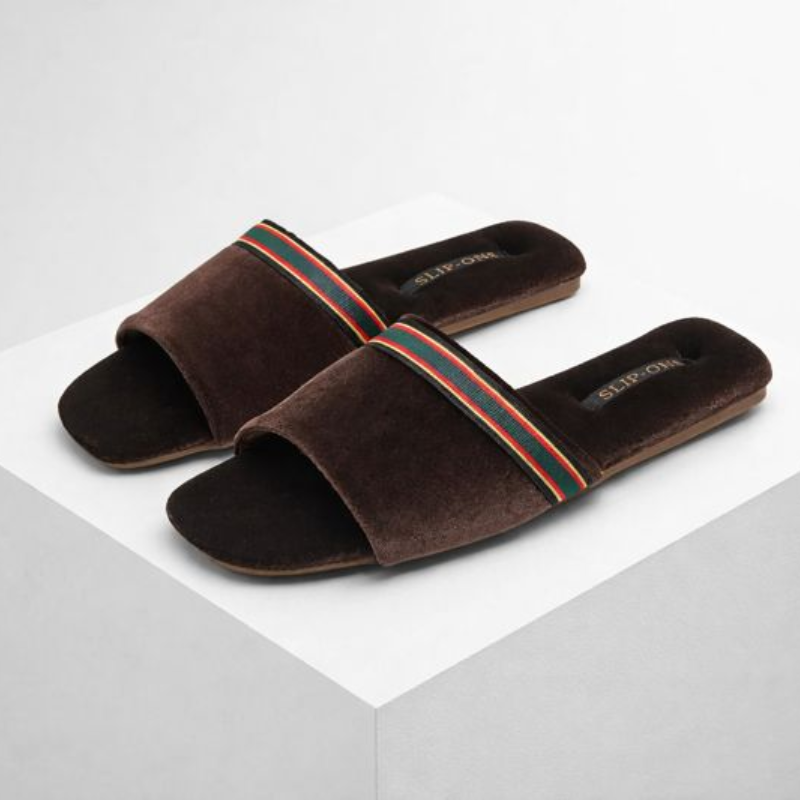 Velvety open-toe slippers with ribbon detailing in red, green and brown