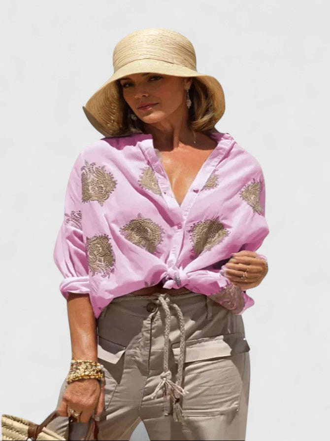 Veronika elegant everyday blouse shown in blue, white, pink and green