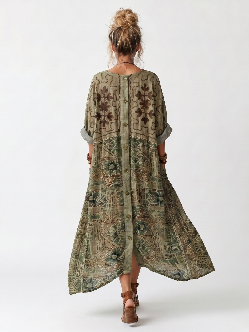 Green button front embroidered oversized pocket midi dress in a relaxed silhouette