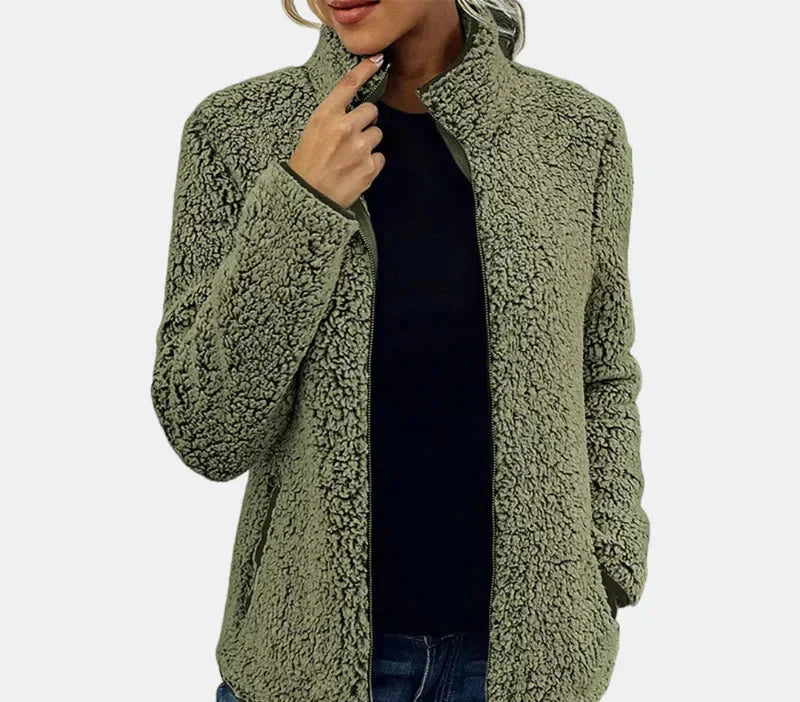 Xara soft teddy fleece jacket with stand collar, contrast piping and relaxed hip-length fit