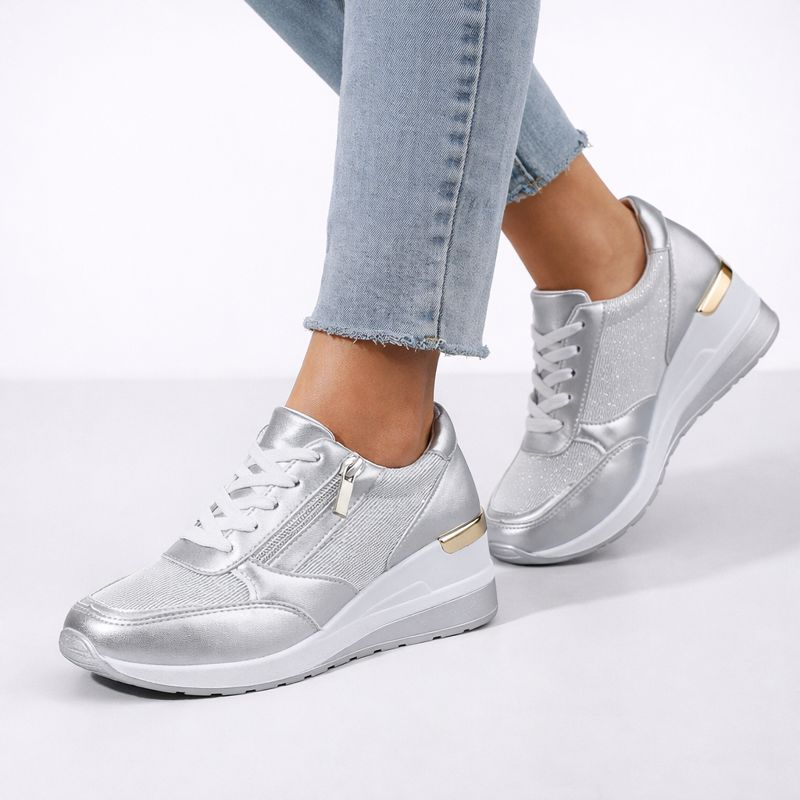 Metallic hidden wedge lace-up sneakers with side zipper in silver, gold and pink
