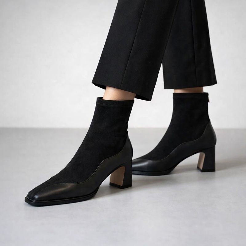 Square toe suede ankle boots with chunky block heel and back zipper in brown and black