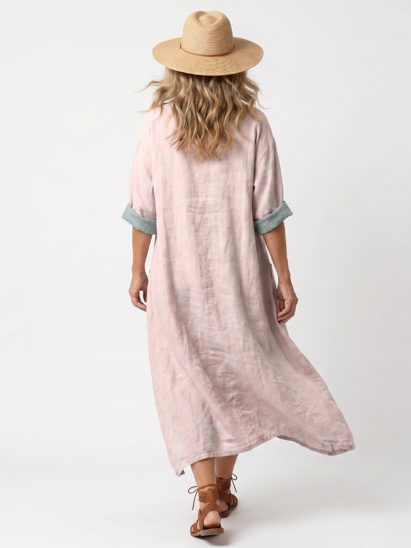 Pink embroidered panel relaxed midi dress with oversized pockets