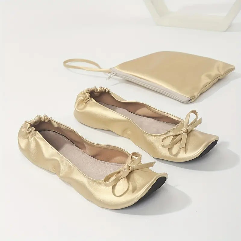 Foldable ballet flats with matching carrying case in neutral tones