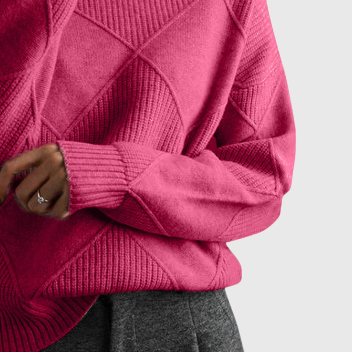 Angela relaxed-fit turtleneck jumper with subtle geometric knit pattern and ribbed cuffs