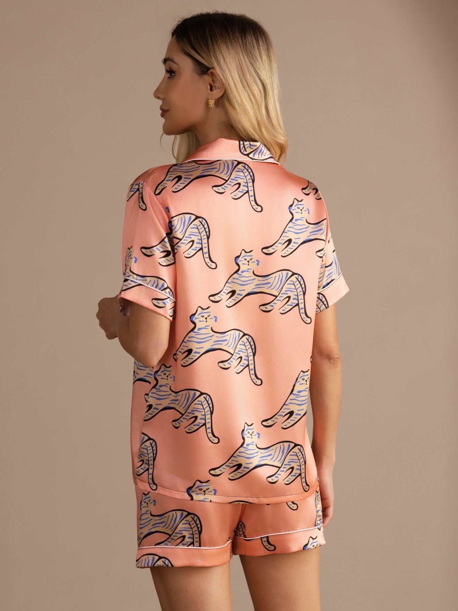 Aileen relaxed silk pyjama set in pink cat print, coordinated top and bottoms