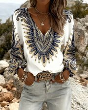 Karen v-neck retro print top shown in blue, green and brown