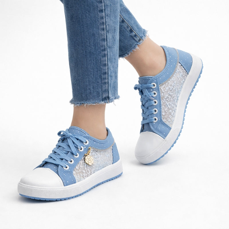Denim low-top lace-up sneakers with lace mesh side panels and rubber toe cap