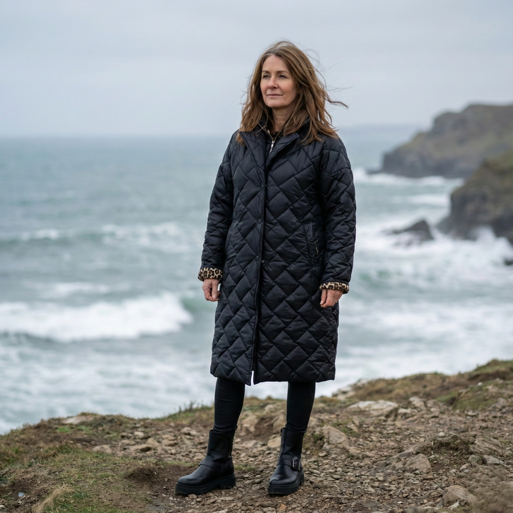 Victoria refined reversible mid-length winter coat shown in an elegant neutral tone