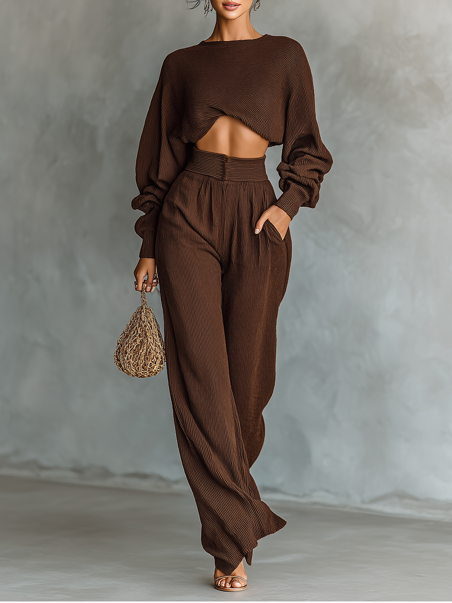 Una coffee-coloured short top and wide-leg trouser matching co-ord set