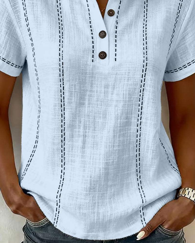 Linda casual button v-neck tee shown in white, blue and pink