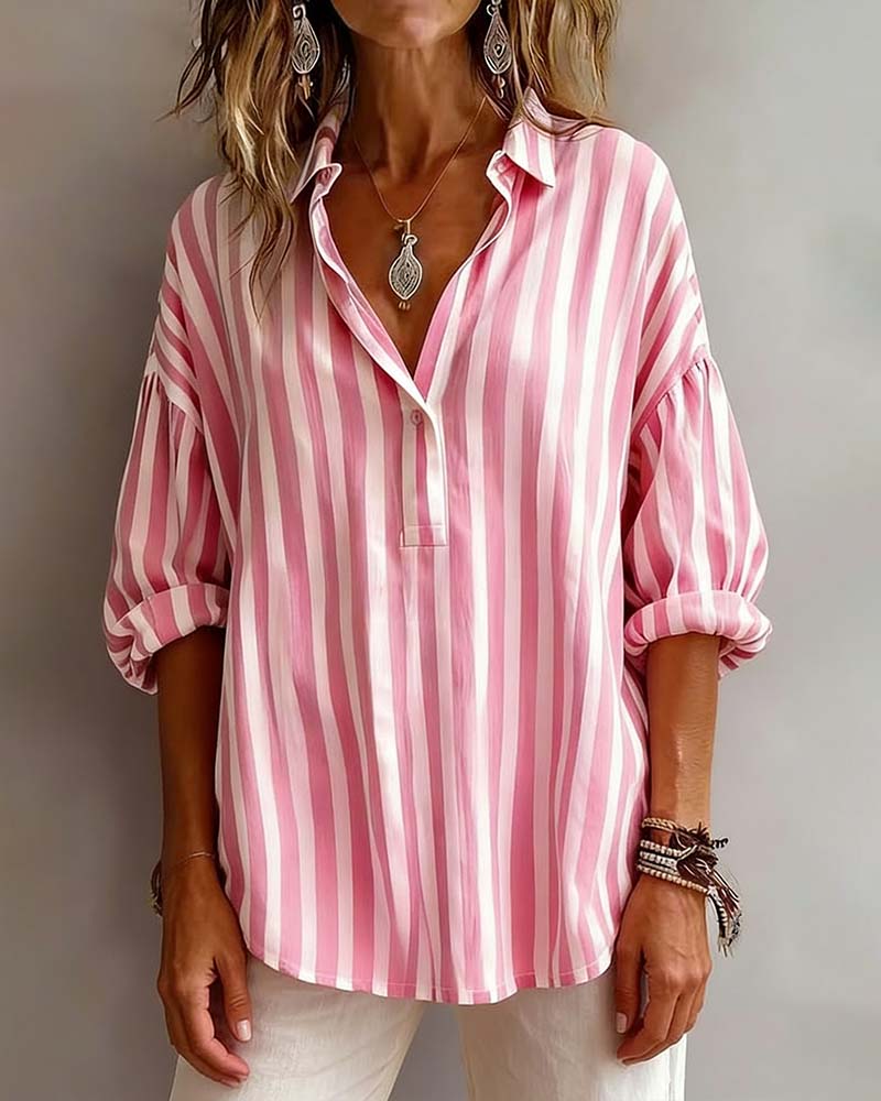 Deborah wide striped collared blouse shown in pink, gray and khaki