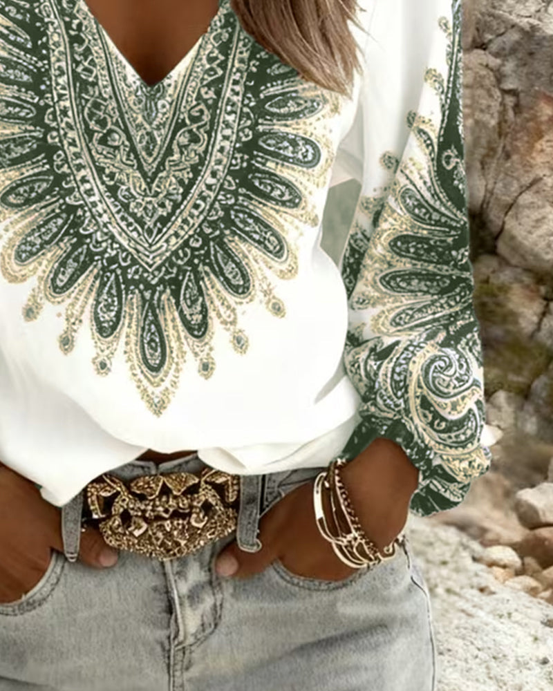 Karen v-neck retro print top shown in blue, green and brown