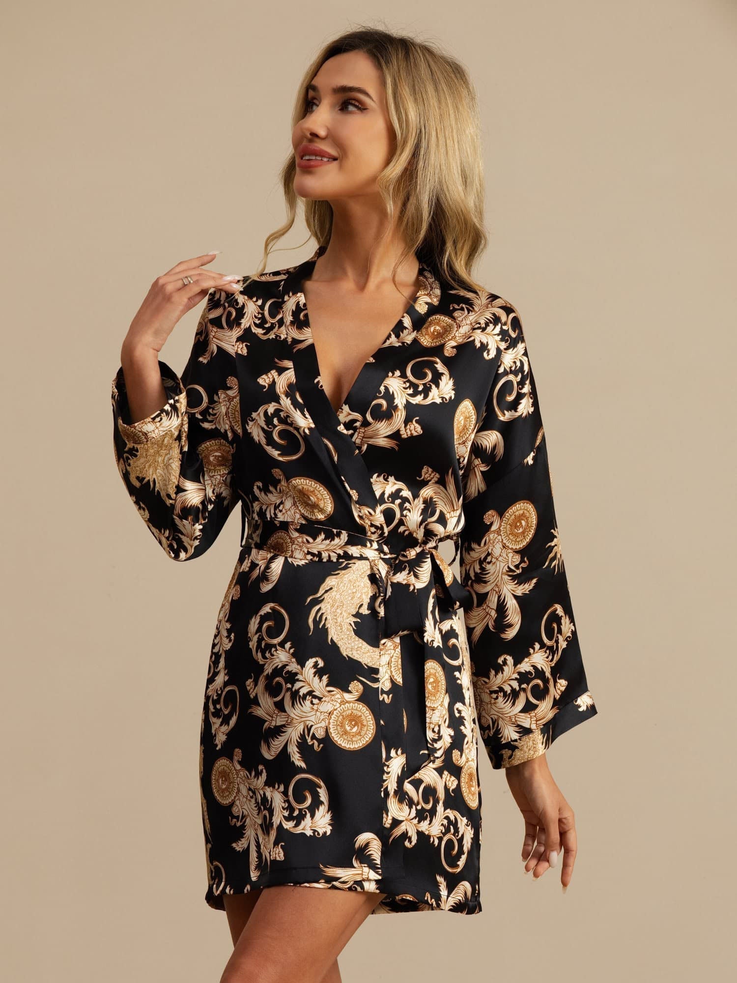 Linda pure mulberry silk kimono robe with dragon print in black, wine and navy