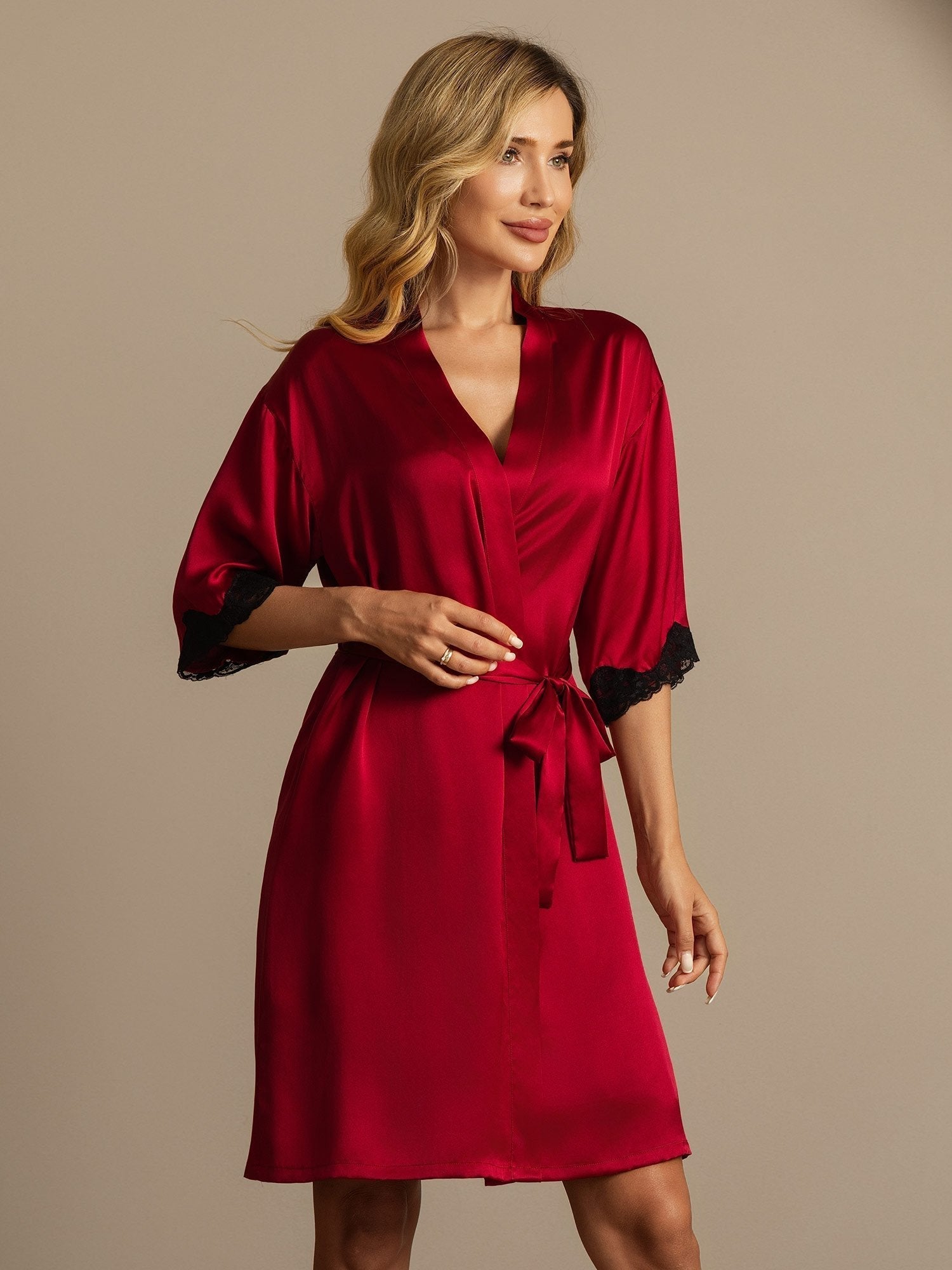 Lola pure mulberry silk dressing gown shown in wine red, black, dark blue and mauve grey