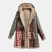 Scarlet burgundy geometric-patterned women's coat with a soft-lined, relaxed silhouette
