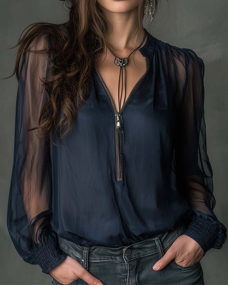 Helen navy blue half-zip knit blouse with textured weave and long sleeves