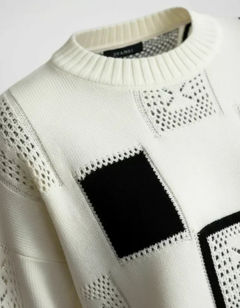 Alica elegant cozy knit sweater shown in white, black and yellow