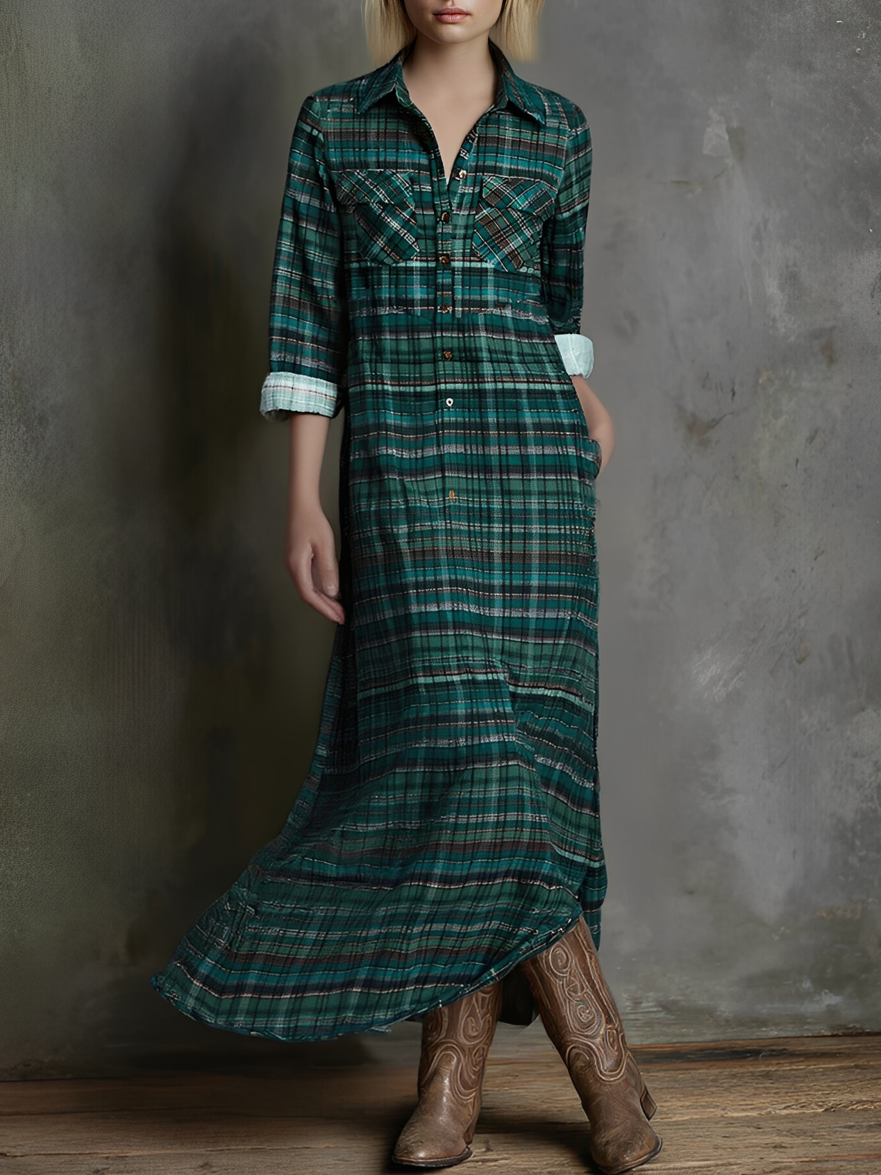 Billie green plaid print long-sleeved shirt with classic check pattern