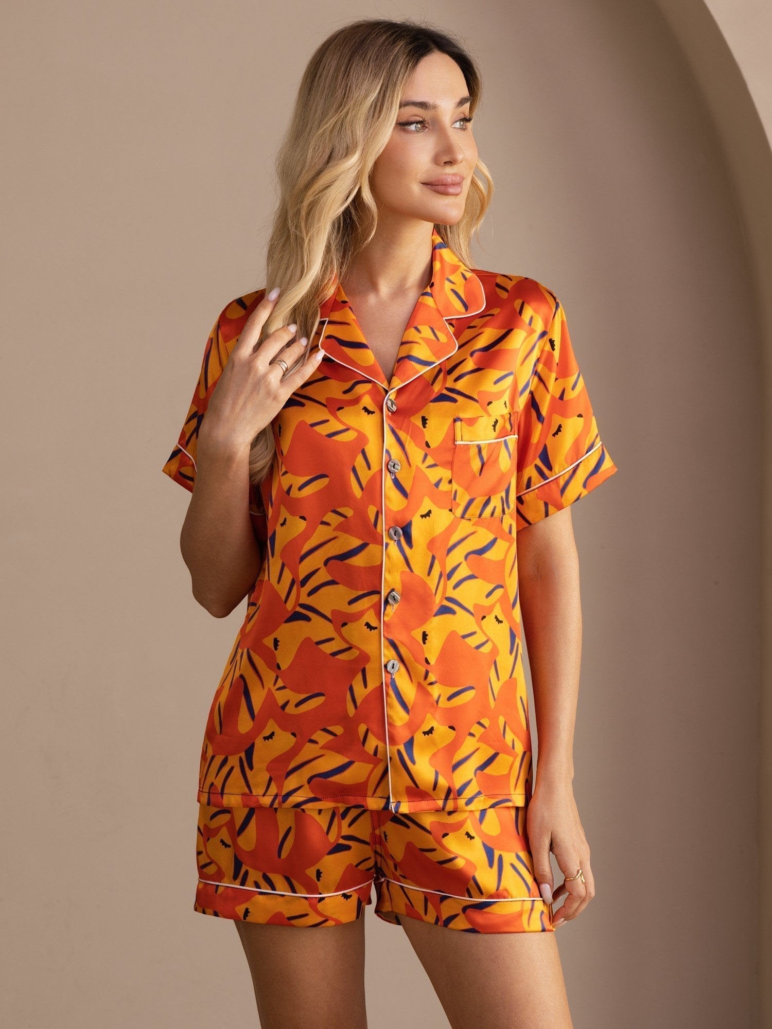 Abigail orange reed print pyjama set in pure mulberry silk